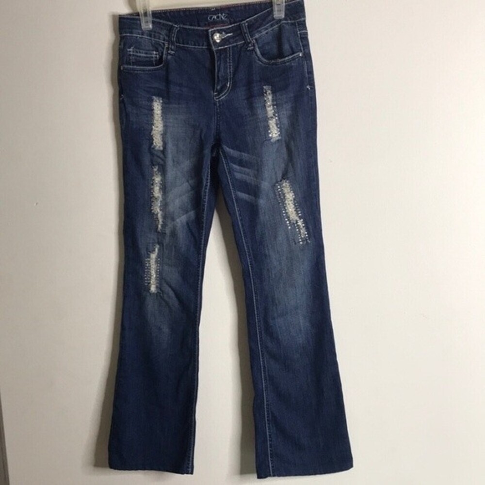 Cache Boot Cut With gem Embellishment Beads distressed jeans size 6